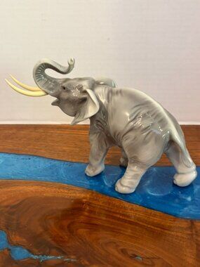 Royal Dux Bohemia 9" Long Trunk Up Gray Elephant Figurine